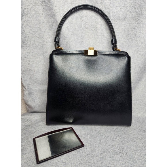 Vintage Coblentz Purse Black Structured Top Handle Gold Hardware Includes Mirror - Picture 1 of 16